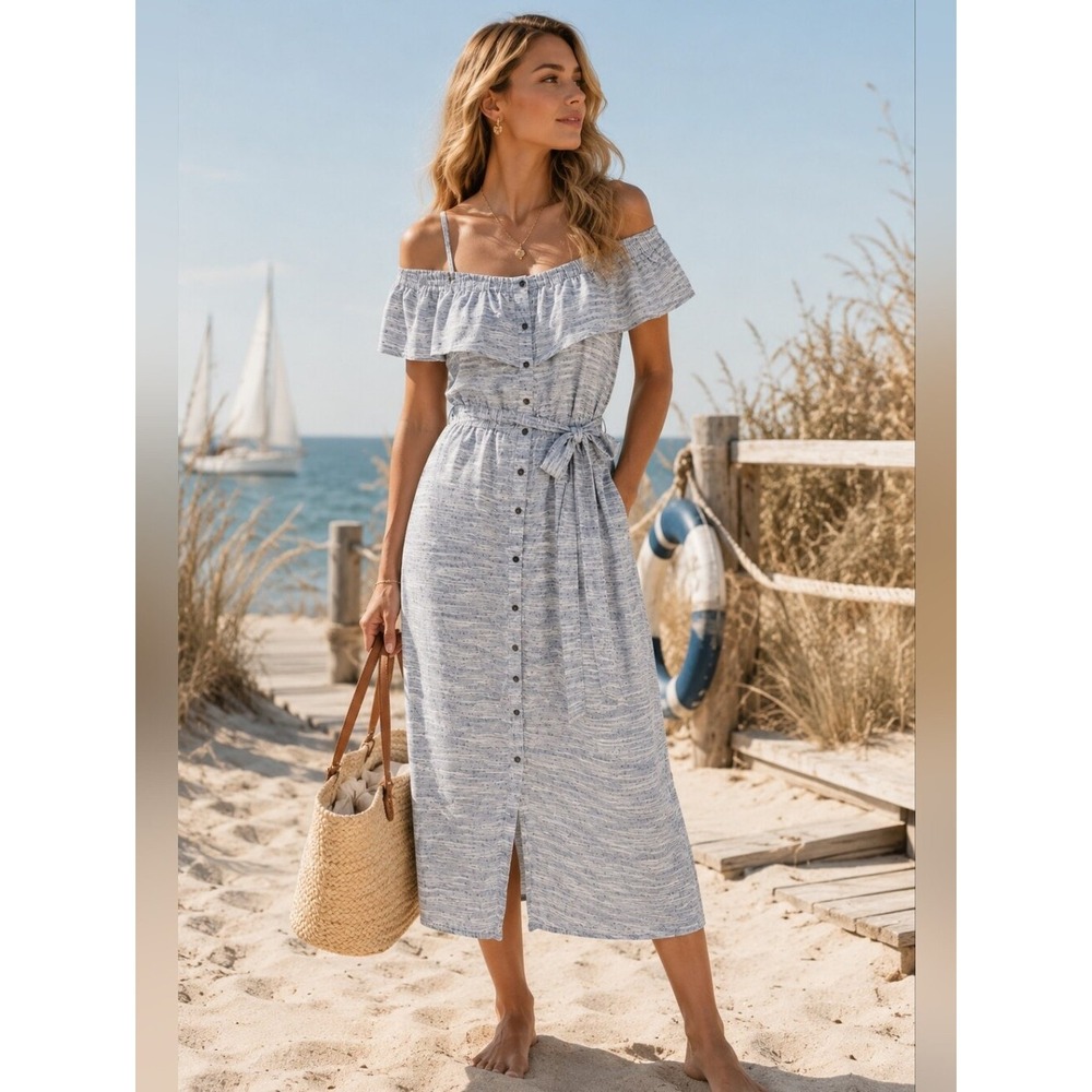 Lucky Brand Shoulder Midi Dress in Gray Stripes Linen size small
